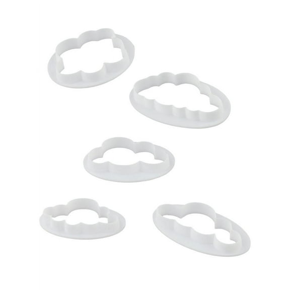 CHENGSI for Cloud Shape Cookie Cutters Set of 5 3D Printed Fondant Cake Decorating Tools Plastic Baking Molds for Sugar Cake Embossing White 5.4-7.8cm