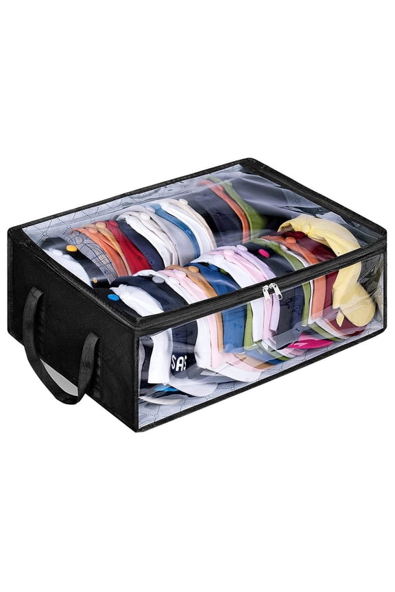 for Large Capacity Hat Storage Bag Organizer Clear Front Zippered Dustproof Oxford Cloth 600D Container for Baseball Caps Snapbacks Trucker Hats 50.8x40.6x17CM Black