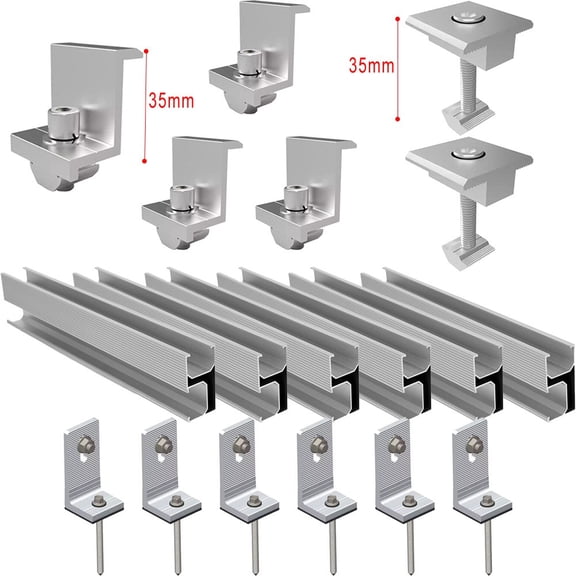 CHENGSI for Solar Panel Mounting Rail Kit Aluminum Profile PV Module Rack System for Flat & Metal Roofs - End Clamps, Middle Clamps, L-Angles Included