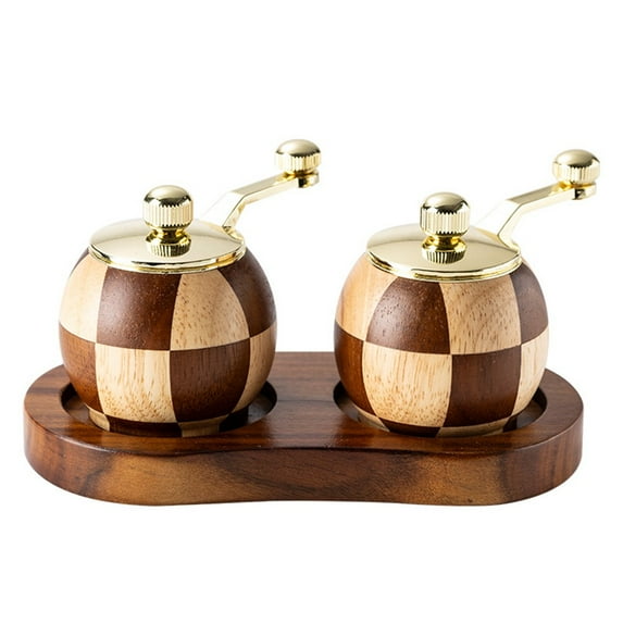 CHENGSI for Wooden Salt and Pepper Grinder Set - Chessboard Pattern Hand Cranked Spice Mill with for Durable Grinding Core, Solid Wood Seasoning Jar for Kitchen, Two Sets+Base