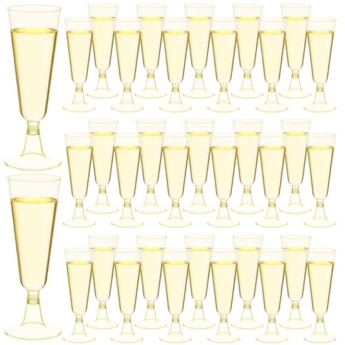 CHENGU 150 Pcs Champagne Flutes 5 Oz Plastic Disposable Champagne Flutes Crystal Wine Glasses Reusable Plastic Cocktail Cups for Wedding Celebration Toasting Drinking (Clear Gold,Classic)