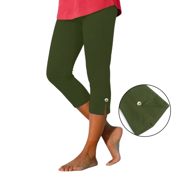 CHENHANN Capri Leggings For Women 2026 Casual Button Design Knee Length Trousers Summer Womens Capri Pants Comfy Stretchy Leggings Army Green Leggings For Women