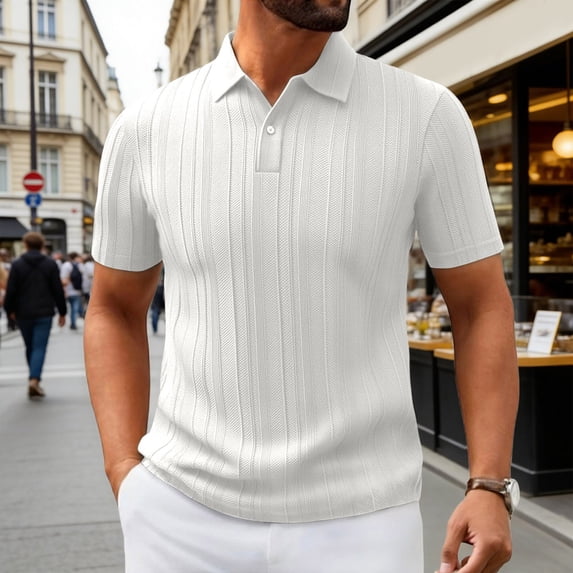 CHENHANN Men Polo Shirt Short Sleeve Button Down Ribbed T Shirts Slim Fit White Men T Shirts