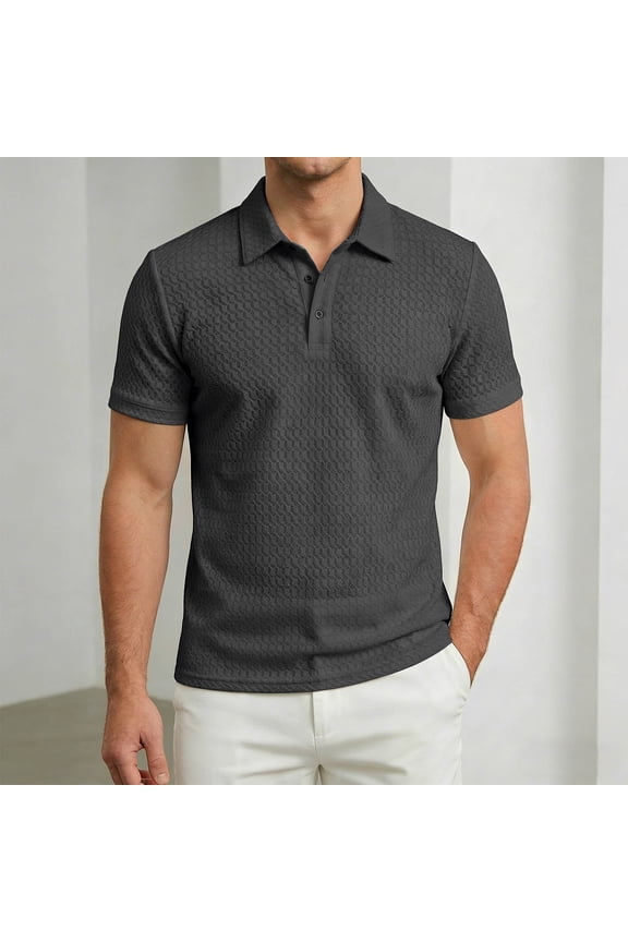 Men Polo Shirts Short Sleeve Button Down Textured Shirt Basic Grey Fashion Shirt for Man