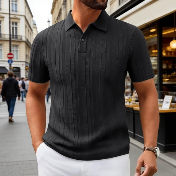 CHENHANN Men's Polo Shirt Short Sleeve Button Down Ribbed Shirts Lightweight Black Men T Shirts