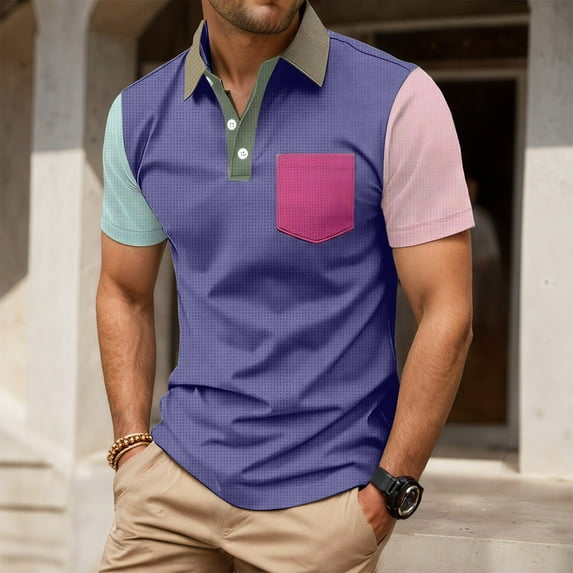 CHENHANN Men’s Polo Shirts Short Sleeve Button Down Waffle Polo Tees Basic Navy T Shirt Men