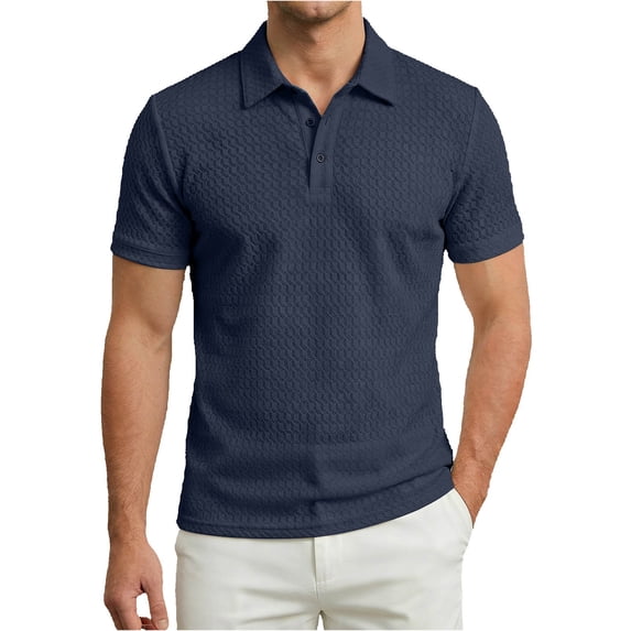 CHENHANN Mens Polo Shirt Short Sleeve Button Down Textured Shirt Basic Blue Men's Casual Shirts