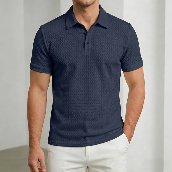 CHENHANN Mens Polo Shirt Short Sleeve Button Down Textured T Shirt Loose Fit Blue Mens Shirts Casual