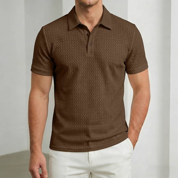 CHENHANN Mens Polo T Shirt Short Sleeve Button Down Textured T Shirts Lightweight Coffee Men Shirt