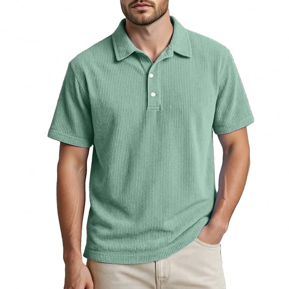 CHENHANN Mens Polos Shirt Short Sleeve Button Down Corduroy Shirt Lightweight Green Men Clothes