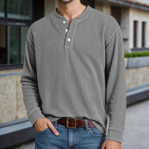 CHENHANN Mens T-Shirts Long Sleeve Corduroy Button Down Crew Neck Henley T-Shirt Basic Grey T Shirt with Button Men's Casual Shirts