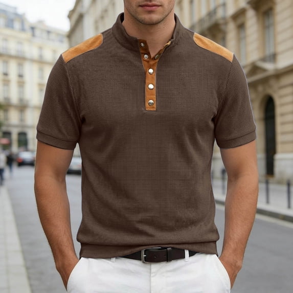 CHENHANN Polo Shirt for Men Short Sleeve Button Down Waffle T Shirts Loose Fit Brown Men's Tops