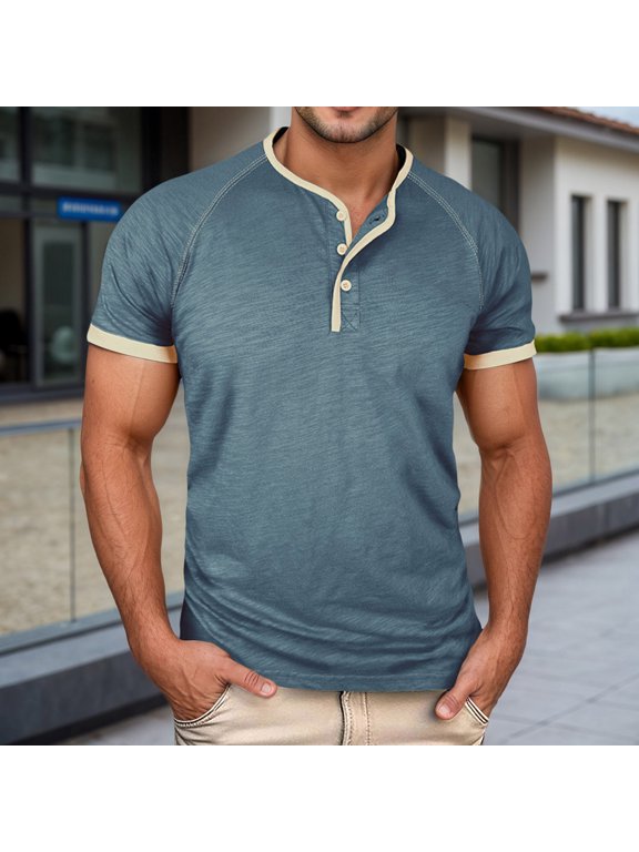 T-Shirts for Man Short Sleeve Button Down Crewneck Henley Shirt Basic Blue Tshirt with Button Mens Golf Shirt