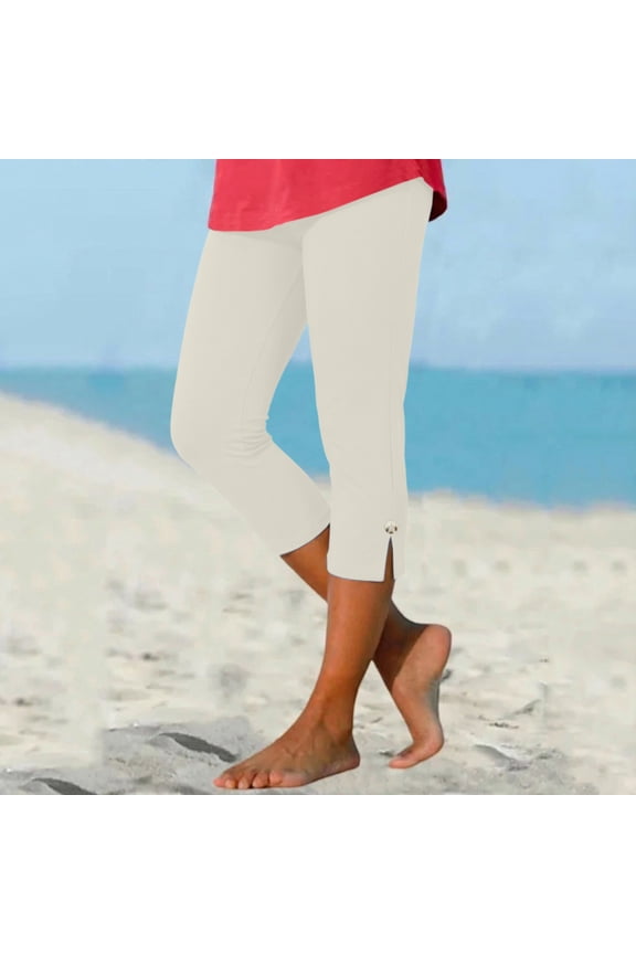 Women Capri Leggings 2026 Casual Button Design Knee Length Crop Trousers Summer Women Capri Pants Comfy Stretchy Leggings Beige Capri For Women