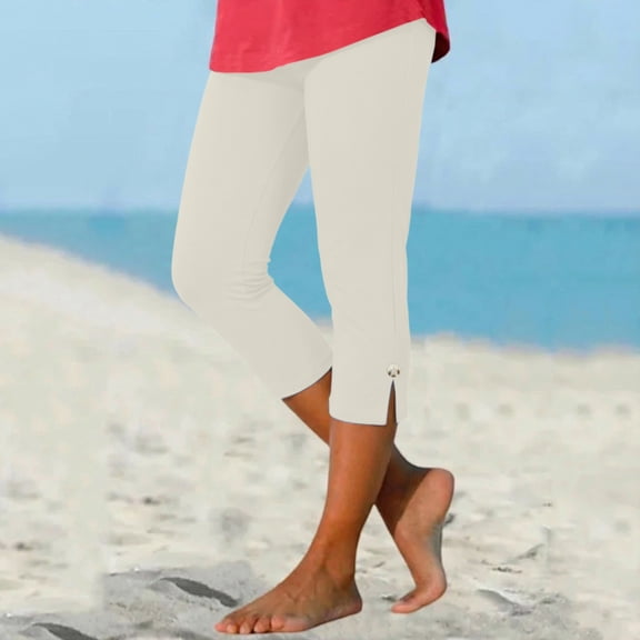 CHENHANN Women Capri Leggings 2026 Casual Button Design Knee Length Trousers Summer Cropped Pants Comfy Stretchy Leggings Beige Capri Pants For Women