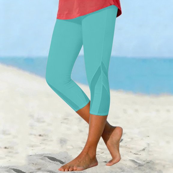 CHENHANN Women Capri Leggings 2026 Fashion Mesh Design Knee Length Legging Summer Cropped Pants Comfy Stretchy Leggings Sky Blue Capri Pants For Women