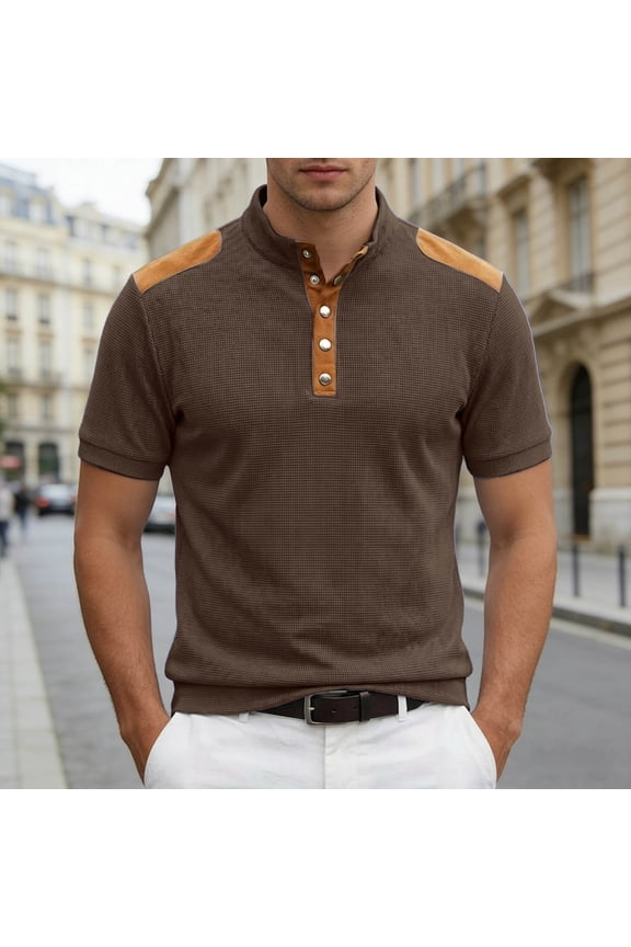 Work Polo Shirts for Men Short Sleeve Button Down Waffle Shirts Lightweight Brown Casual Shirts for Men