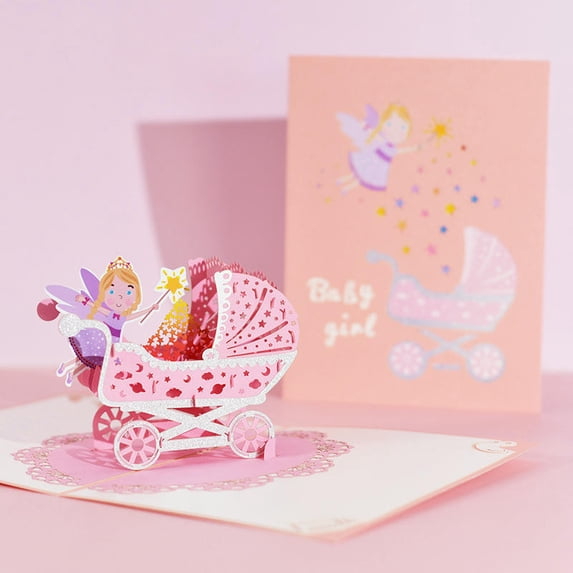 CHENJIANDONG Newborn Birthday Three-Dimensional Greeting Card 3D Baptism Card Blessing Card Handmade Paper Carving Stroller