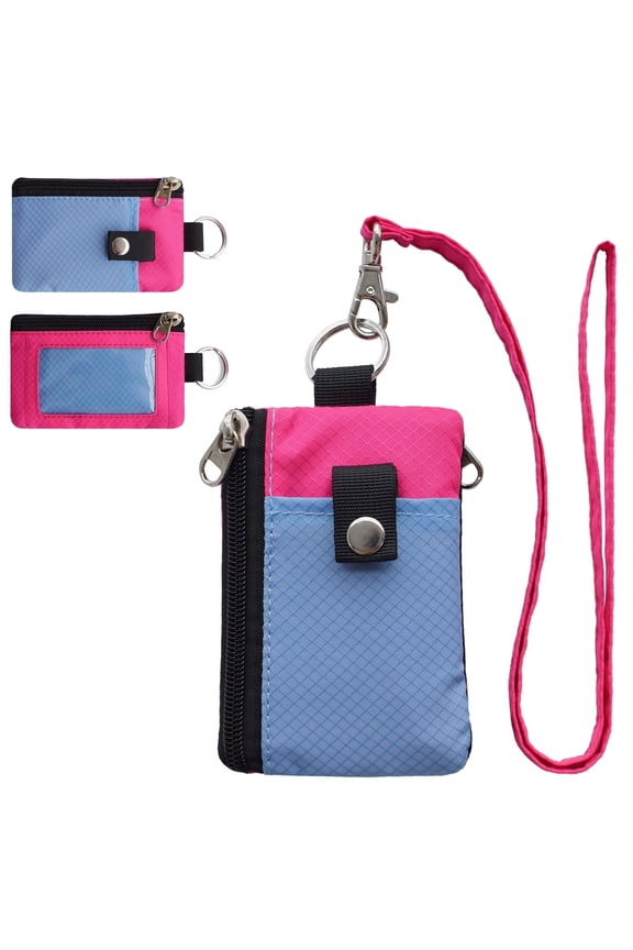 RFID Travel Wallet with Lanyard, Minimalist Zipper Small Wallet with ID Card Holder, Keychain for women&men ID, Cash, Keys（LightSkyBlue+DeepPink）