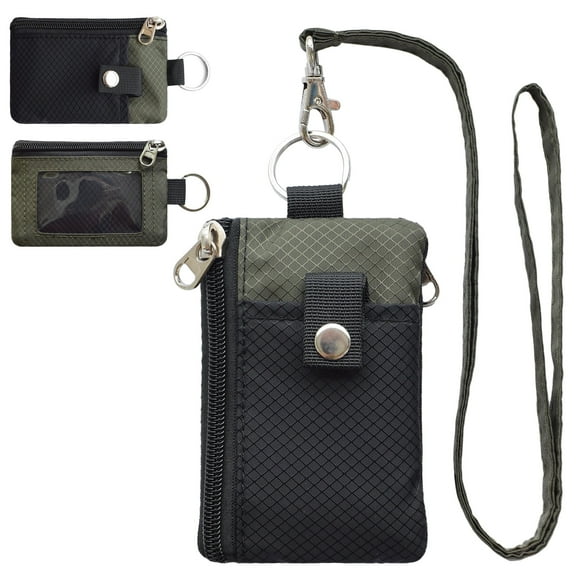 CHENSPRX RFID Travel Wallet with Lanyard, Minimalist Zipper Small Wallet with ID Card Holder, Keychain for women&men ID, Cash, Keys（Black Amy）