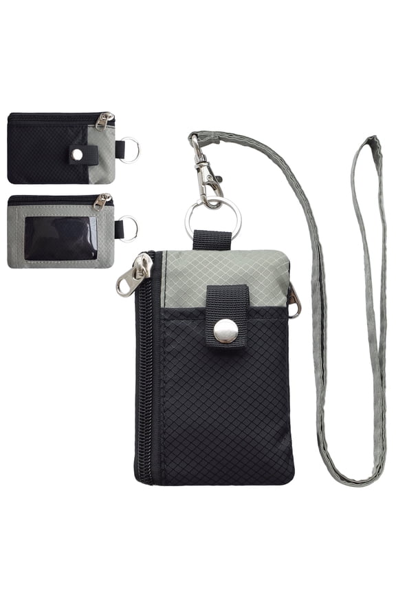 RFID Travel Wallet with Lanyard, Minimalist Zipper Small Wallet with ID Card Holder, Keychain for women&men ID, Cash, Keys（Black+Gray）