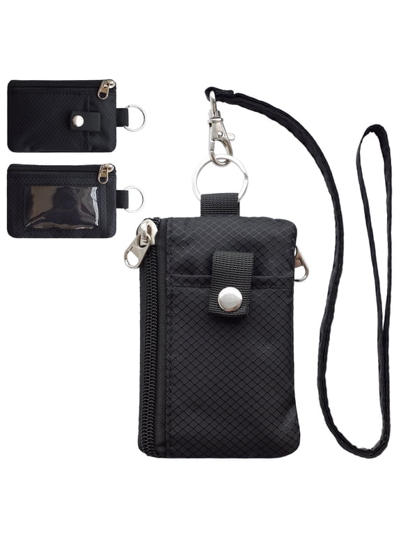 RFID Travel Wallet with Lanyard, Minimalist Zipper Small Wallet with ID Card Holder, Keychain for women&men ID, Cash, Keys(Black)