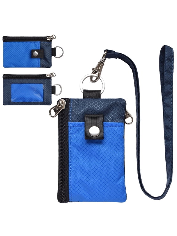 RFID Travel Wallet with Lanyard, Minimalist Zipper Small Wallet with ID Card Holder, Keychain for women&men ID, Cash, Keys(Blue+Navy)
