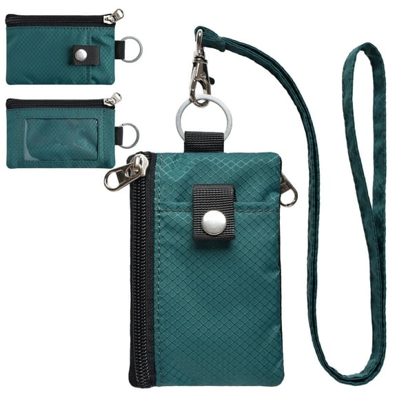 CHENSPRX RFID Travel Wallet with Lanyard, Minimalist Zipper Small Wallet with ID Card Holder, Keychain for women&men ID, Cash, Keys(DarkGreen)