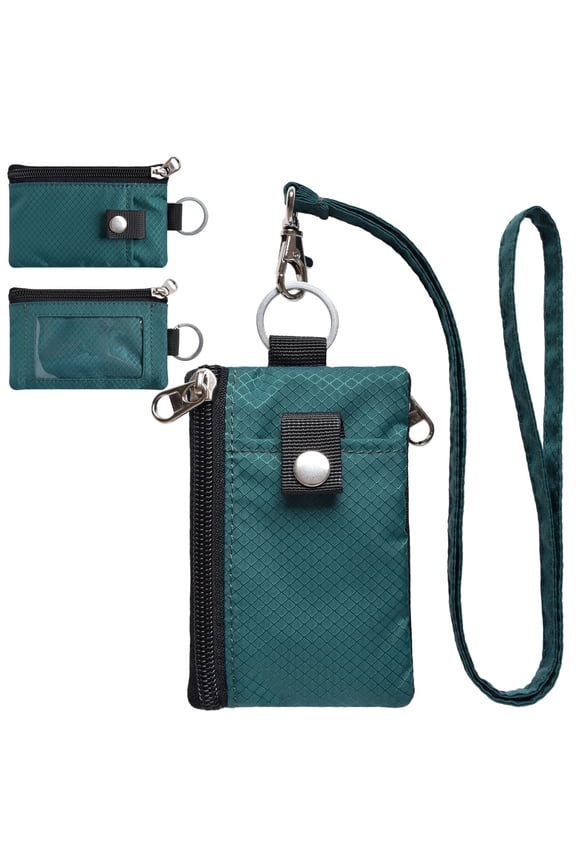 RFID Travel Wallet with Lanyard, Minimalist Zipper Small Wallet with ID Card Holder, Keychain for women&men ID, Cash, Keys(DarkGreen)