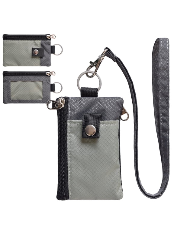 RFID Travel Wallet with Lanyard, Minimalist Zipper Small Wallet with ID Card Holder, Keychain for women&men ID, Cash, Keys(Gray+DardGray)