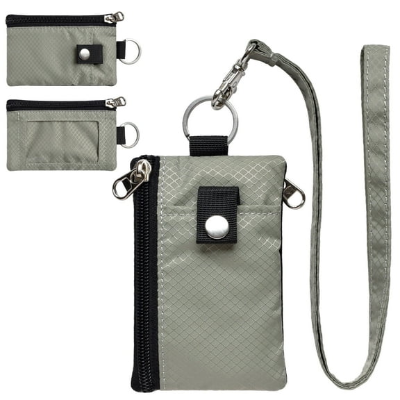 CHENSPRX RFID Travel Wallet with Lanyard, Minimalist Zipper Small Wallet with ID Card Holder, Keychain for women&men ID, Cash, Keys（ Grey）