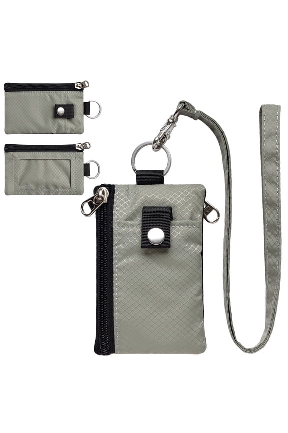 RFID Travel Wallet with Lanyard, Minimalist Zipper Small Wallet with ID Card Holder, Keychain for women&men ID, Cash, Keys( Grey)