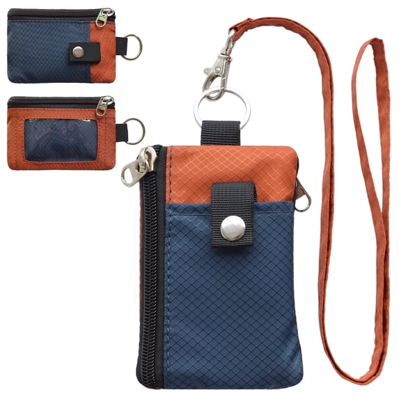 CHENSPRX RFID Travel Wallet with Lanyard, Minimalist Zipper Small Wallet with ID Card Holder, Keychain for women&men ID, Cash, Keys(Navy+Sedona)