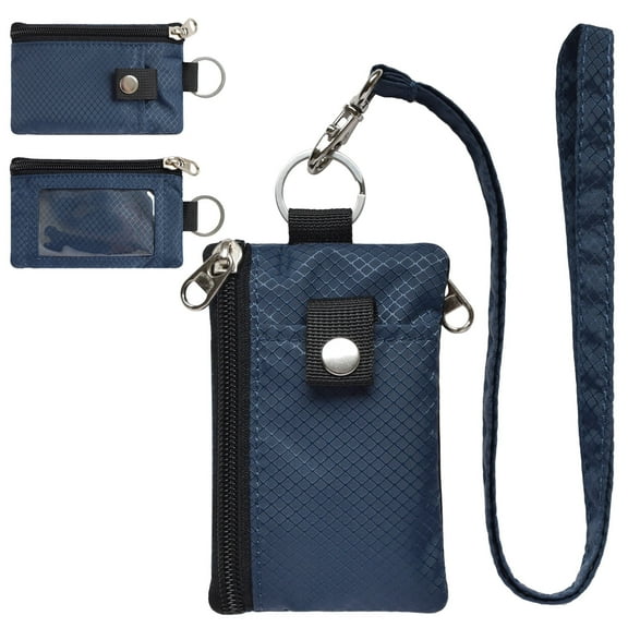 CHENSPRX RFID Travel Wallet with Lanyard, Minimalist Zipper Small Wallet with ID Card Holder, Keychain for women&men ID, Cash, Keys（Navy）