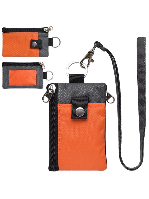 RFID Travel Wallet with Lanyard, Minimalist Zipper Small Wallet with ID Card Holder, Keychain for women&men ID, Cash, Keys(Orange+DarkGrey)