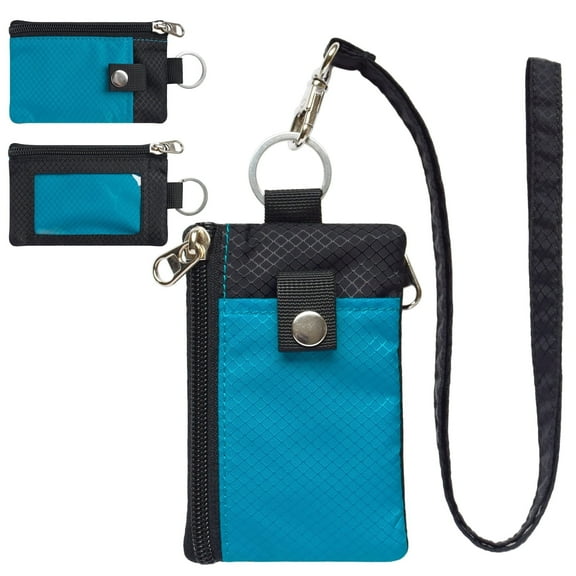 CHENSPRX RFID Travel Wallet with Lanyard, Minimalist Zipper Small Wallet with ID Card Holder, Keychain for women&men ID, Cash, Keys（SkyBlue Black）