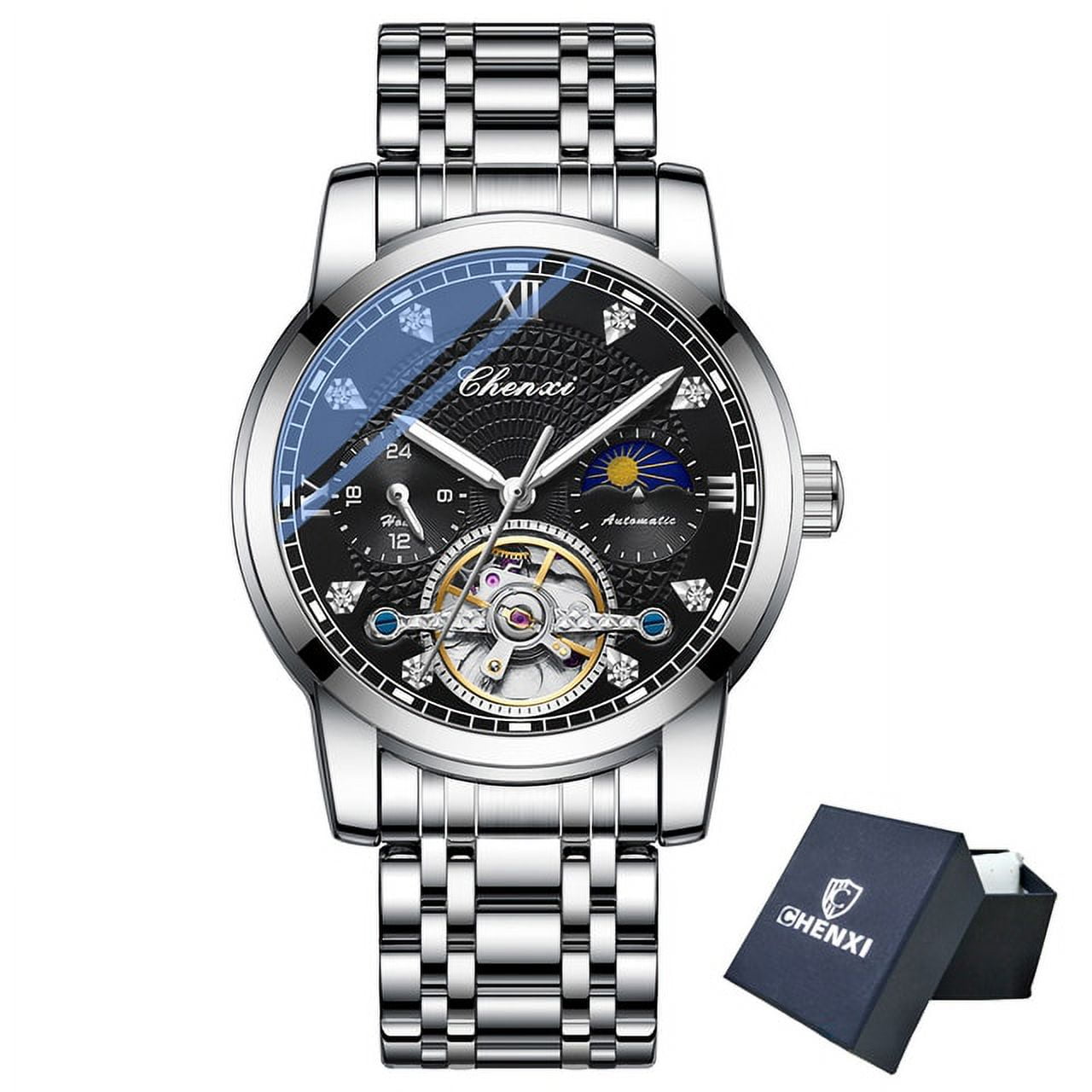 Chenxi New Mens Mechanical Watches Top Brand Stainless Steel Automatic Watch Men Waterproof Luminous Business Wristwatch Men s Size One size Black