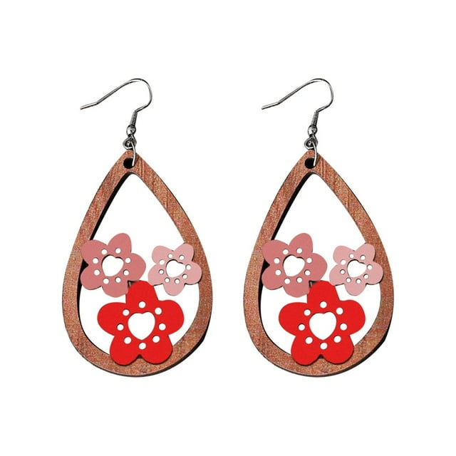 CHENZERO Retro Style Literary Drop Shaped Hollow Flower Wooden Earrings