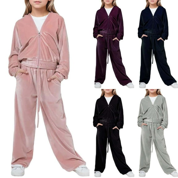 CHENge 2 Piece Outfits for Girls Velour Tracksuit Hoodie and Jogger Set Sweatsuit Athletic Clothes Sets
