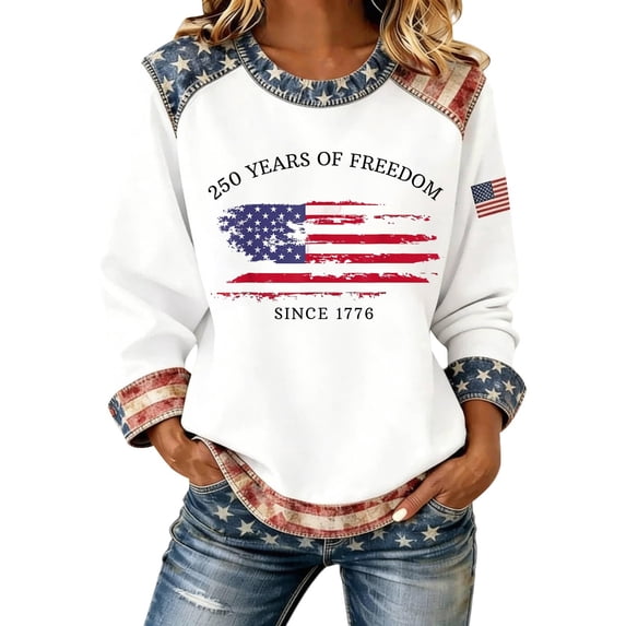 CHENge 250TH Anniversary USA Shirt Women Patriotic Crewneck Long Sleeve Sweatshirts USA Flag American Pullover 1776-2026 Sweater