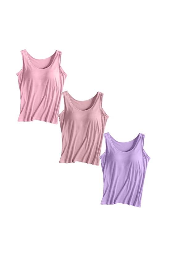 3 PCS Camisole with Built In Bra 2 In 1 Slim Fit Retro Tank Top Adjustable Spaghetti Strap Wirefree Support Cami Tops Undershirt