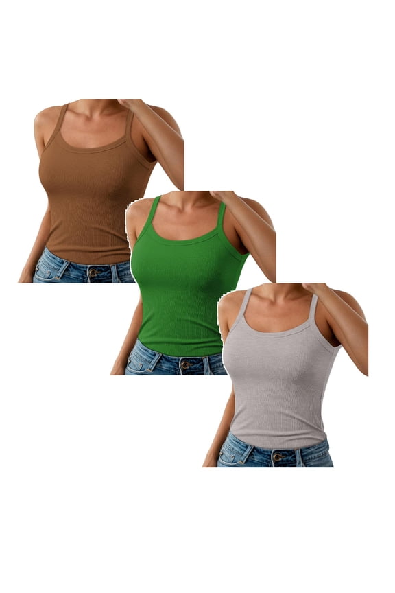 3 Pack Womens Tank Tops Dressy Fashion Solid Summer Tank Tops for Women Spaghetti Strap Fitted V Neck High Strechy Sleeveless Camisole Shirt Vacation Fashion Outfit Clothes
