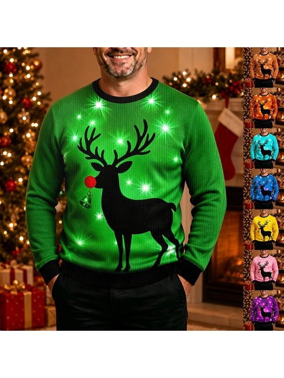 Adult Men Christmas Knit Look Sweatshirt for Guys, Smiling Reindeer Print, Plush Soft Surface, New Year Party and Holiday Dinner