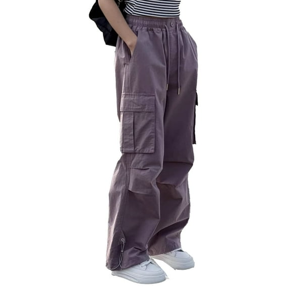 CHENge Baggy Cargo for Girls Elastic Waist Lounge Pants Lounge Pants with Pockets Kids Clothes Girls,Purple 4-5 Years