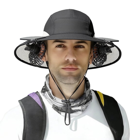 CHENge Black Camo Dual Solar Fan Sun Hat, Rechargeable Cooling Bucket Hat with Wide Brim for Fishing Hiking Gardening Outdoor Work