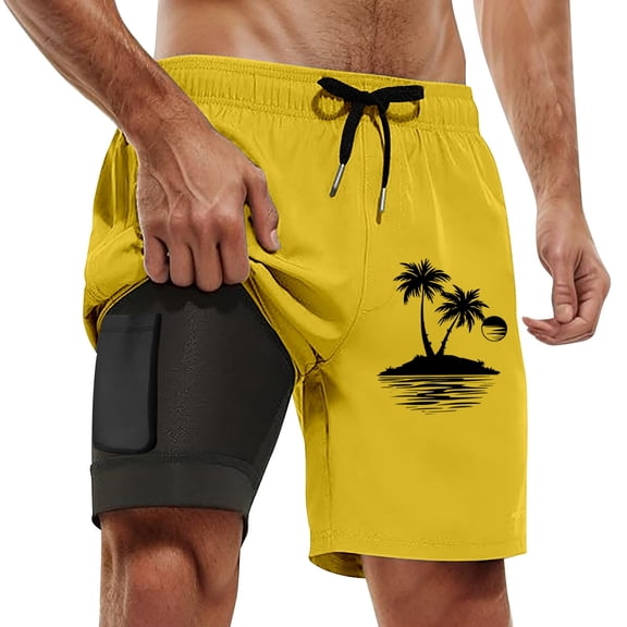 CHENge Board Shorts Men's 7 Inch Fashion Palm Tree Print Quick Dry 4th Of July Swim Trunks with Compression Liner Stretch Fabric Summer Swimwear