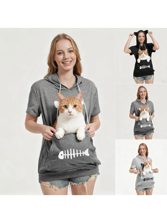 Cat Pouch Shirt Hoodie Fall Short Sleeve Kitten Puppy Holder Thin Hoodies Pet Carrier Sweatshirt for Women (Dark Gray)