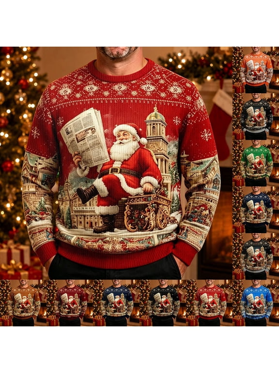 Cute Funny Christmas Sweater with Santa Reading Newspaper Print for Guys, Stretchy Comfort Material, New Year Party and Holiday Dinner