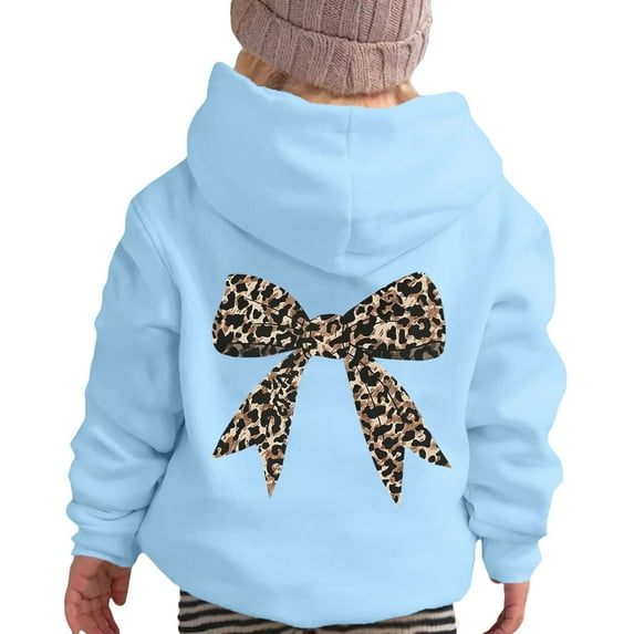 CHENge Cute Hoodies for Girls Size 3-14, Fashion Leopard Bow Printed Hooded Sweatshirts,Autumn/Winter Outfits(Sky Blue,3-4 Years)