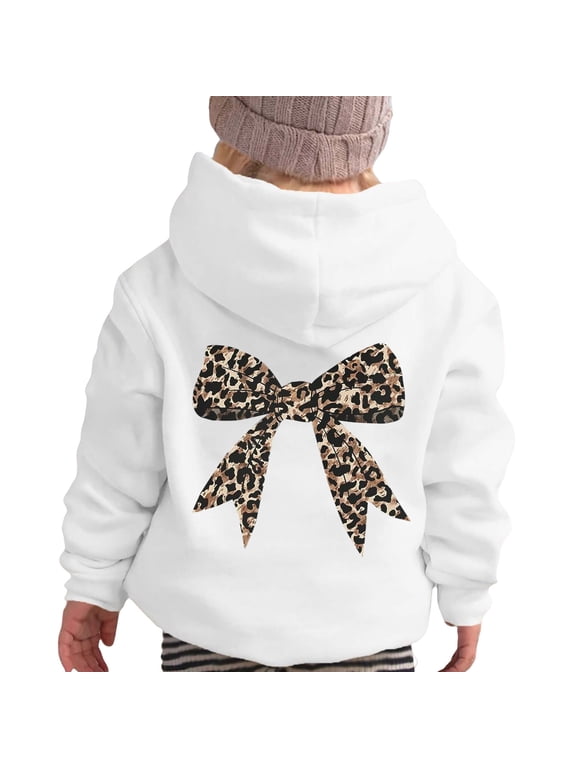 Cute Hoodies for Girls Size 3-14, Fashion Leopard Bow Printed Hooded Sweatshirts,Autumn/Winter Outfits(White,2-3 Years)
